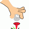 Cartoon-Zeichnung einer Hand, die einen kleinen grauen Gegenstand in die Nähe eines roten Blumenmotivs fallen lässt.