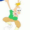 Ein Cartoon-Mann schwingt einen großen Hammer in einer dynamischen Pose.
