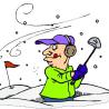 Cartoonzeichnung eines Mannes, der im Sand eines Golfplatzes steht und einen Golfschlag ausführt.