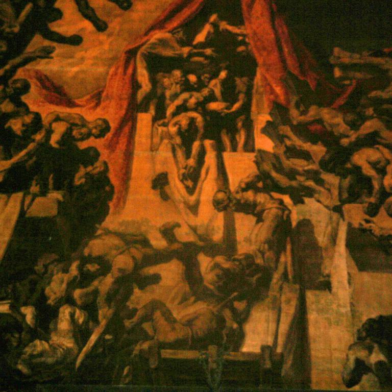 Fresko mit mythologischer Szene, die zahlreiche nackte Figuren in dramatischen Posen darstellt.