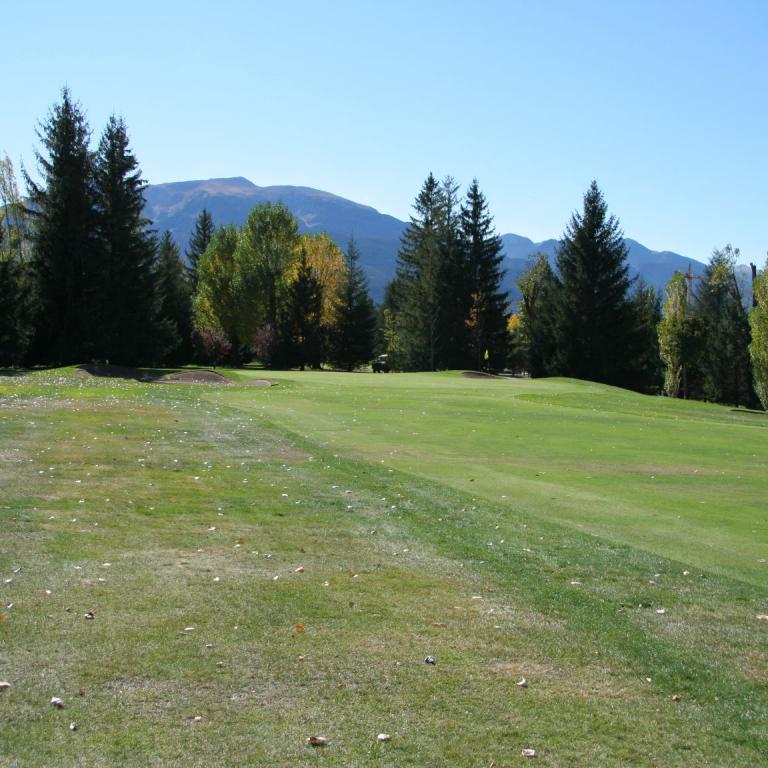 Weite, grüne Rasenfläche mit Bäumen und Bergpanorama unter blauem Himmel