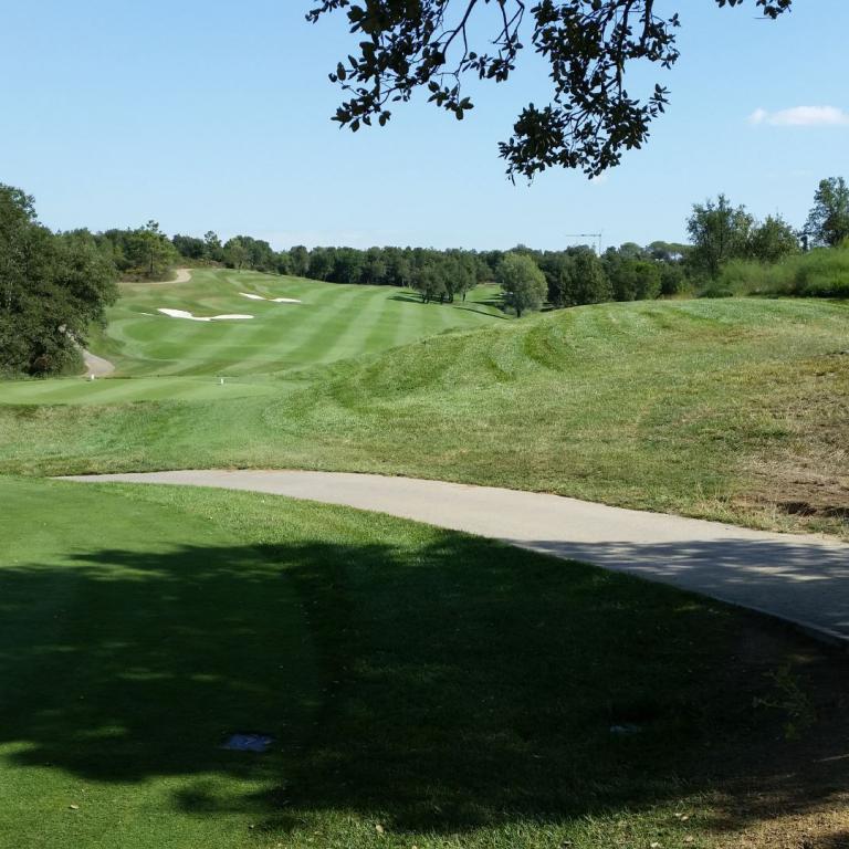Panoramablick auf einen Golfplatz mit einem geschwungenen Weg und üppigem Baumbestand im Hintergrund.