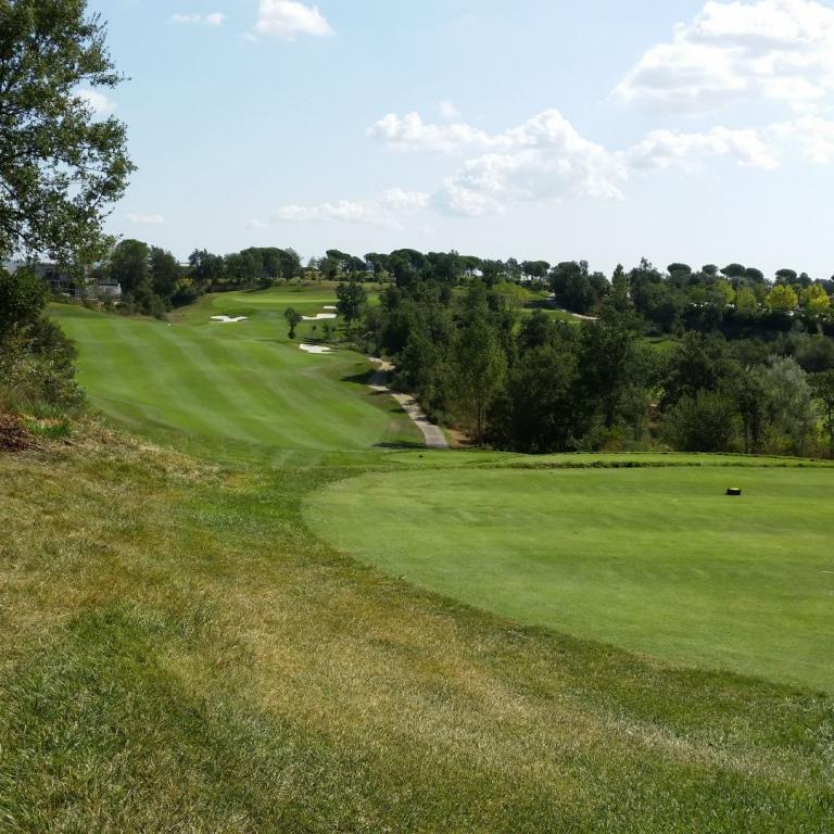 Eine grüne Golfplatzlandschaft mit einem weitläufigen Fairway, Bäumen im Hintergrund und einem blauen Himmel.