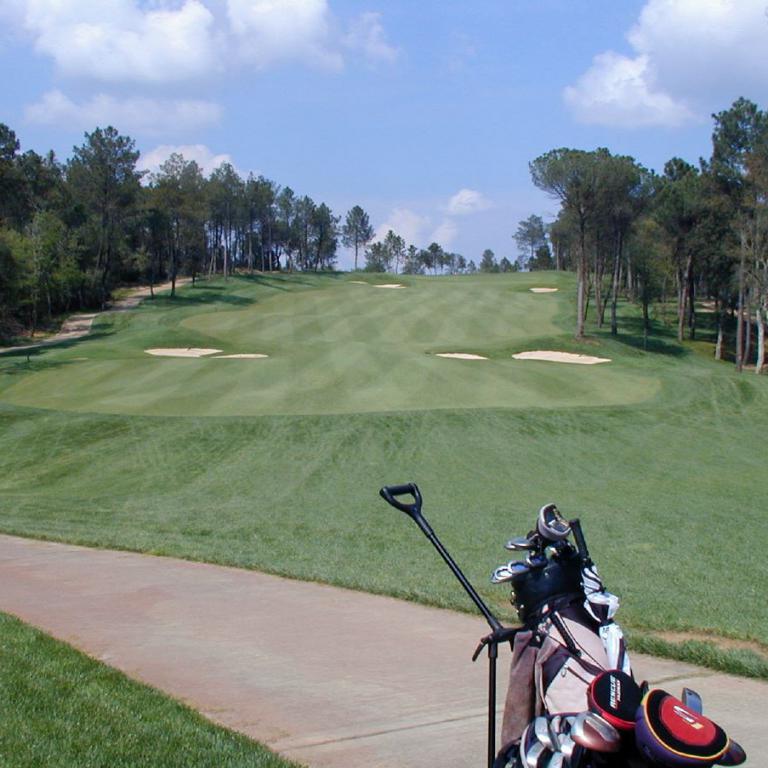 Ein Golfplatz mit ausgebreiteten Schlägern im Vordergrund und einer weiten, grünen Fairwaykulisse unter einem bewölkten Himmel.