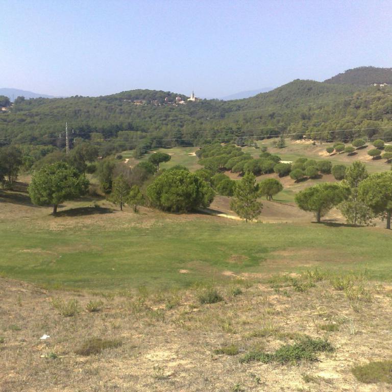 Sonniger Panoramablick auf eine ländliche Landschaft mit grüner Wiese, vielen Bäumen und bewaldeten Hügeln.
