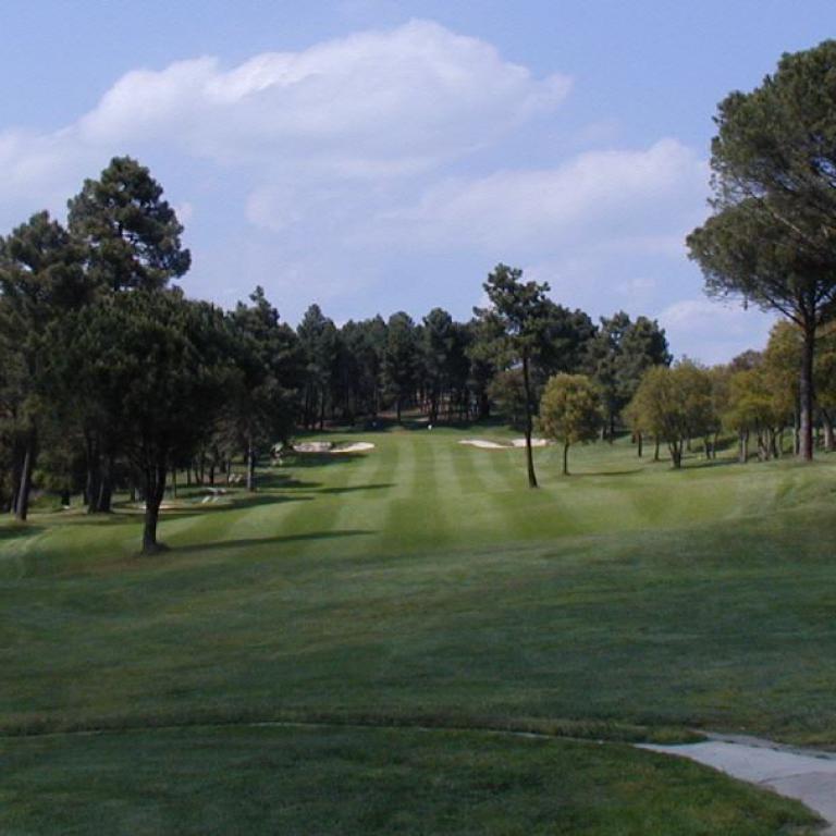 Ein weites Golfplatzpanorama mit einem Sandbunker im Vordergrund und einem Grünschnitt in der Mitte.