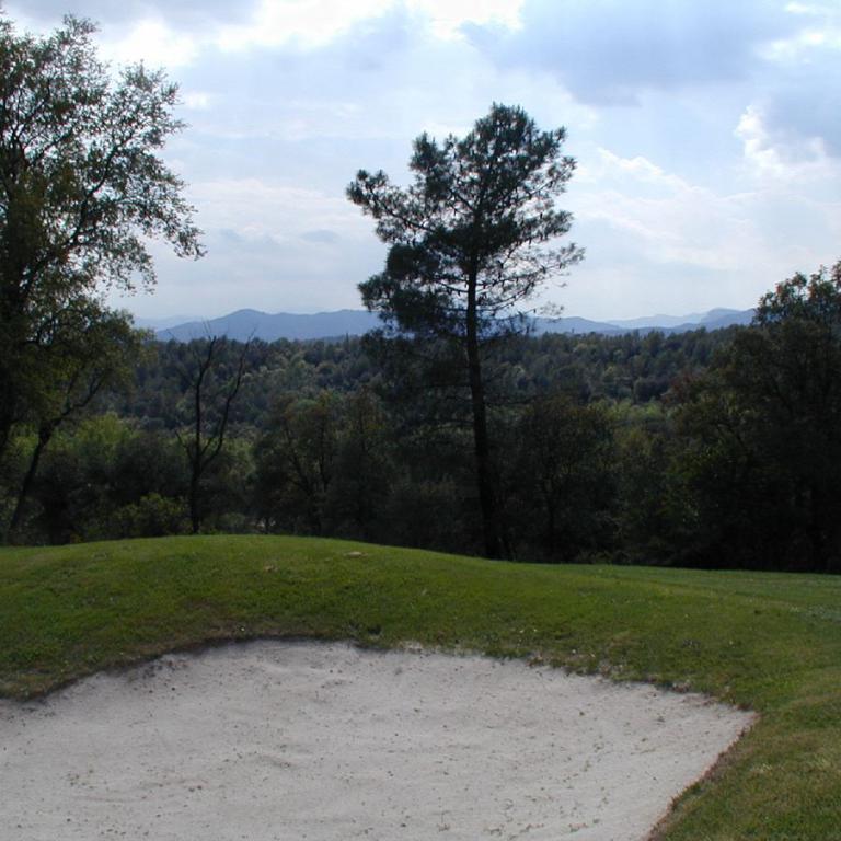 Panoramablick auf ein Golfgelände mit Sandbunker und Waldhintergrund