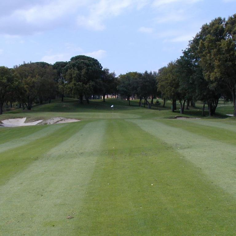 Ein Golfplatz mit gestreiften Rasenflächen, einem Sandbunker und einer Reihe von Bäumen im Hintergrund unter einem teilweise bewölkten Himmel.