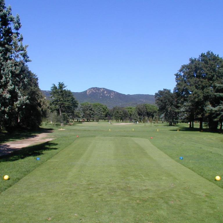 Ein grünes Golfplatz-Fairway, gesäumt von hohen Bäumen, mit Blick auf entfernte Hügel.