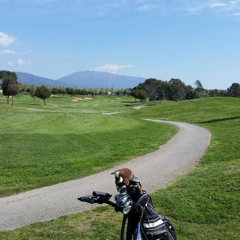 Weitläufiger Blick über einen grünen Golfplatz mit einem geschwungenen Weg im Vordergrund.