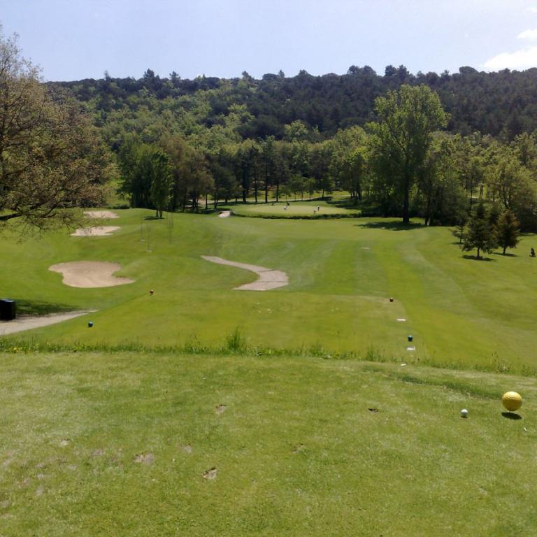 Eine weitläufige Aufnahme eines Golfplatzes mit einem grünen Fairway, Sandbunkern und einem dichten Wald im Hintergrund.