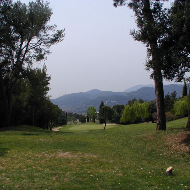 Ein Blick auf einen Golfplatz, eingerahmt von hohen Bäumen, mit einem Bergpanorama im Hintergrund.