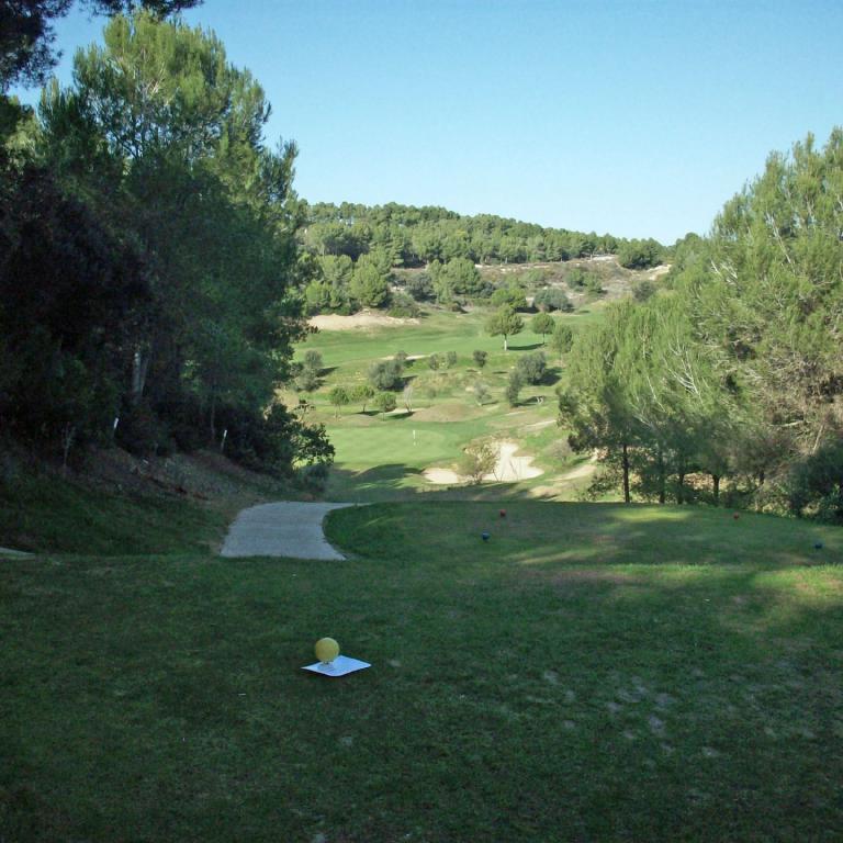 Eine Szene auf einem Golfplatz mit einem Ball, der vor einer grünen Landschaft vor einem klaren blauen Himmel liegt.