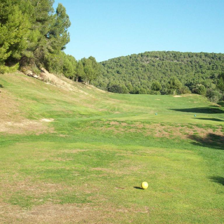 Eine weite Aufnahme eines Golfplatzes mit einem Golfball im Vordergrund und einem dicht bewaldeten Hügel im Hintergrund unter blauem Himmel.