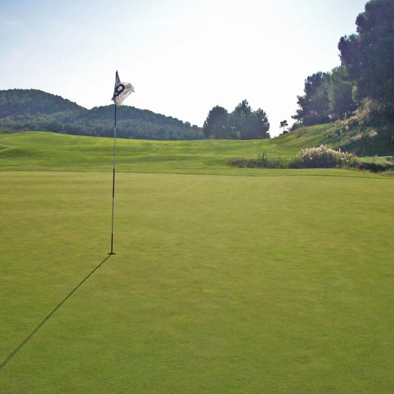 Grünes Golfgreen mit Fahnenstange und Blick auf bewaldete Hügelkette