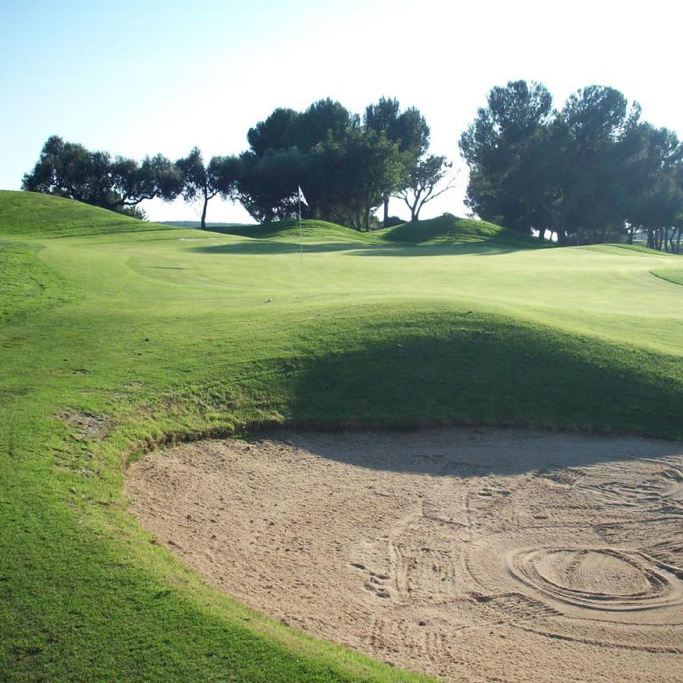 Ein Golfplatz mit einem Sandbunker im Vordergrund, umgeben von sattgrünem Rasen und Bäumen im Hintergrund.