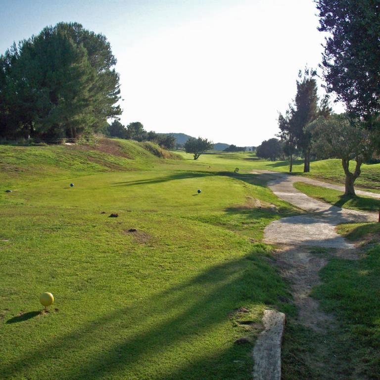 Eine Aufnahme eines grünen Golfplatzes mit einem Weg, der durch das hügelige Gelände führt und von Bäumen gesäumt ist.