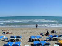 Ein breiter, sonniger Sandstrand mit blauer Brandung und Reihen von Strandliegen unter einem klaren blauen Himmel.