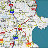 Eine detaillierte Straßenkarte der Region Figueres, die Hauptverkehrsadern, kleinere Straßen und umliegende Ortschaften wie Albera und Banyoles zeigt.