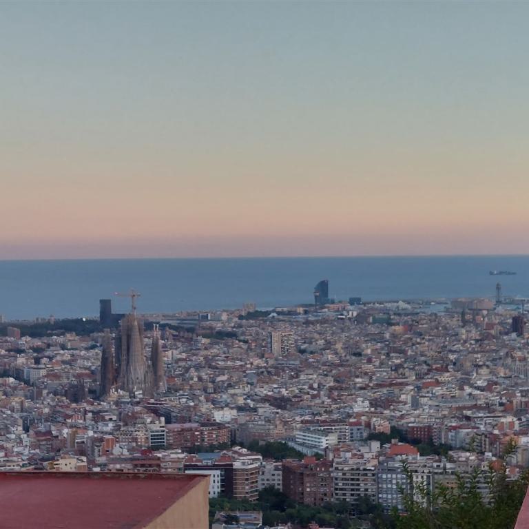 Panoramaaussicht auf eine große Küstenstadt mit Dächern im Vordergrund bei Sonnenuntergang.