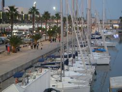 Ein belebter Hafen bei Tageslicht, gefüllt mit zahlreichen angedockten Booten, die durch ihre Masten und Takelage charakterisiert werden, mit städtisc