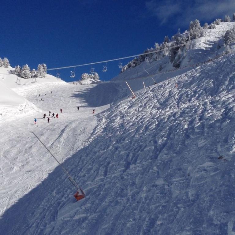 Weitläufige Winterlandschaft mit Skiliften, präparierten Pisten und einem steilen Schneehang unter blauem Himmel.