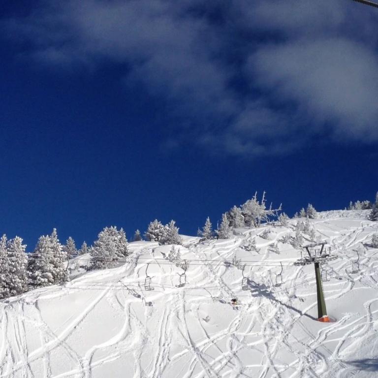 Eine weite Aufnahme von einem verschneiten Berghang mit Skiliften und vielen Skipisten vor blauem Himmel.