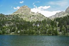 Ein Bergpanorama mit dichten Nadelwäldern und einem See vor einem bewölkten Himmel.