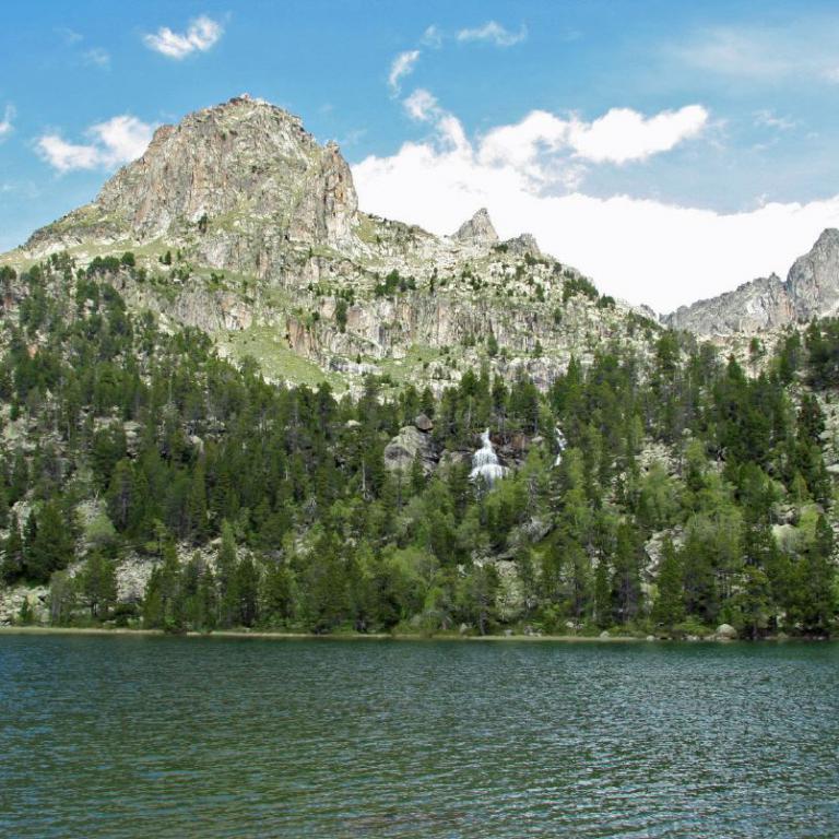Ein Bergpanorama mit dichten Nadelwäldern und einem See vor einem bewölkten Himmel.