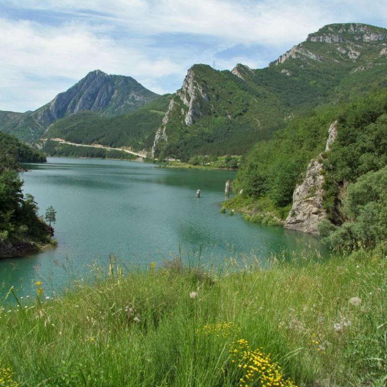 Panoramablick auf einen tiefen Bergsee, umgeben von dicht bewaldeten, steil ansteigenden Berghängen.