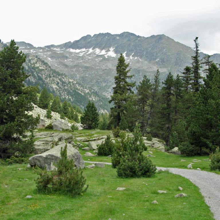 Alpines Panorama mit einem Wanderweg im Vordergrund und steil aufragenden Bergen im Hintergrund.