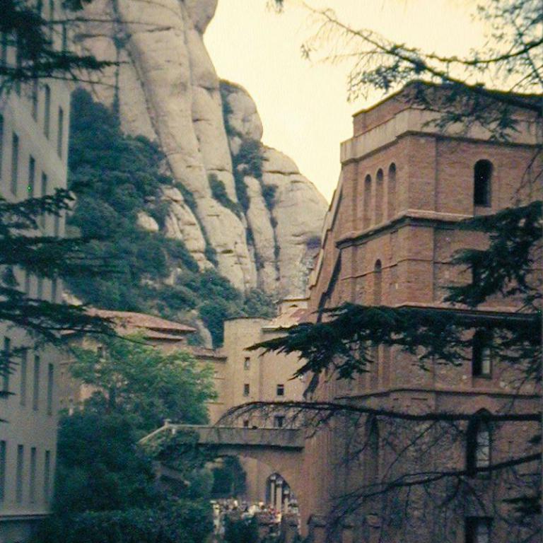 Historische Gebäude am Fuße einer massiven Felswand, umgeben von dichtem Grün.